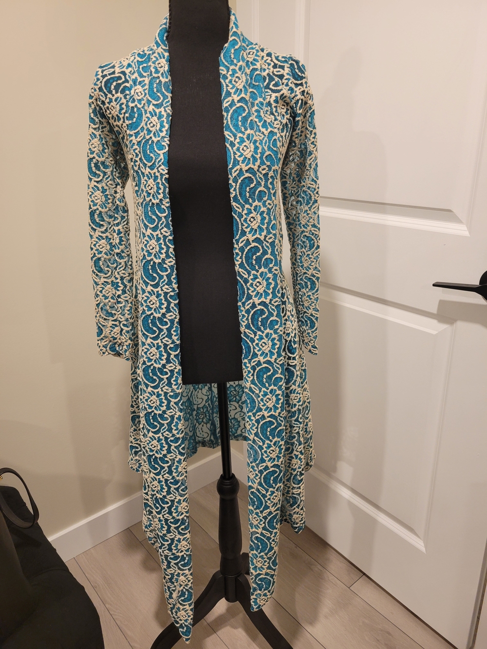 Open-Front Teal and Cream Lace Knit Duster Cardigan